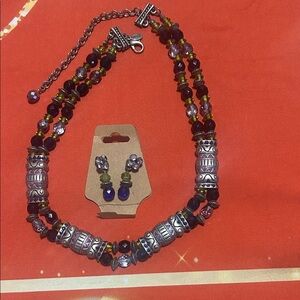 Chicos Silver and dark purple beads.  Beaded Necklace and Earring Set